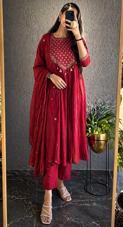 Elegant Red Cotton Kurta 3-piece Set
