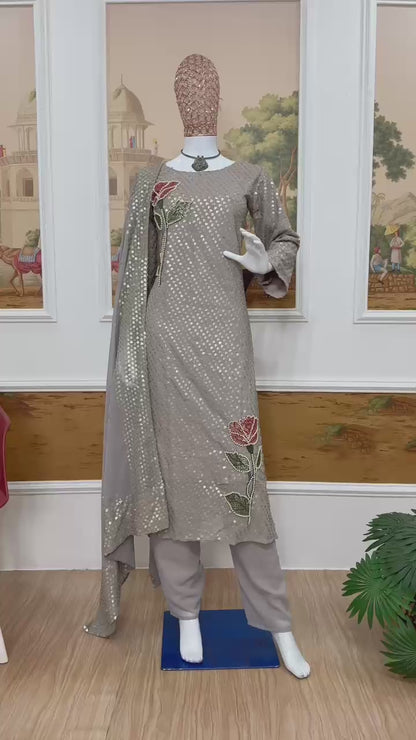 Silver Dual Sequin & Pearl Embroidered Kurti Set