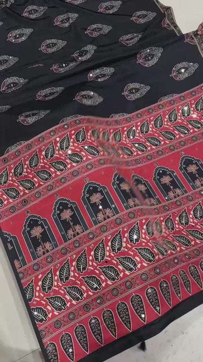 Ajrakh Mirror Work Satin Silk Saree