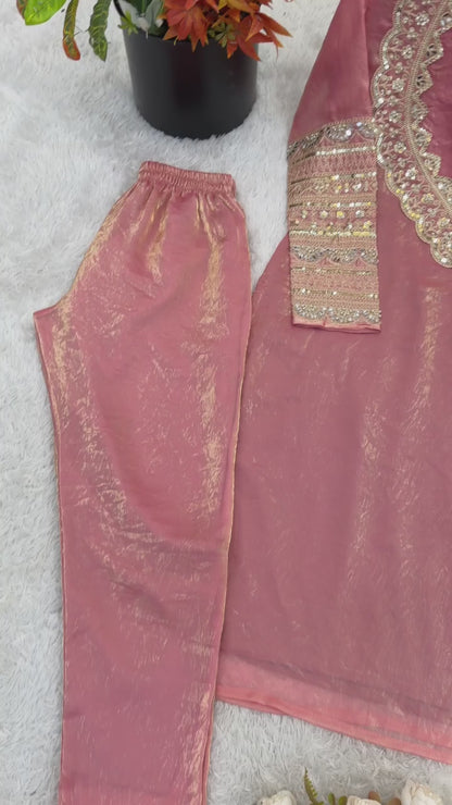 Elegant Pink Fendy Silk Suit Set