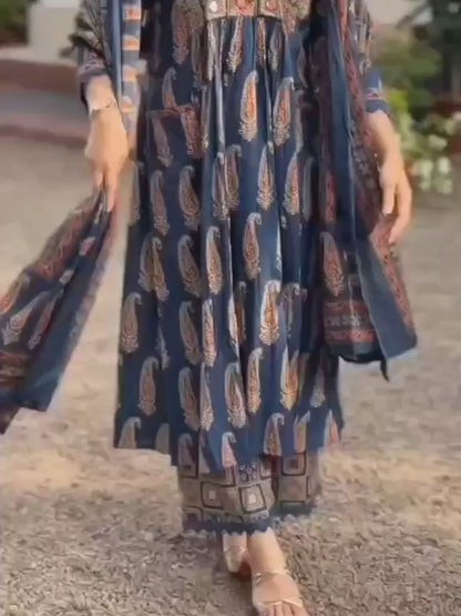 Stylish Printed Mirror Work Cotton Kurta 3-Piece Set