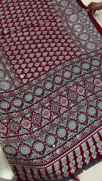 Ajrakh Soft Crepe Mirror Work Saree