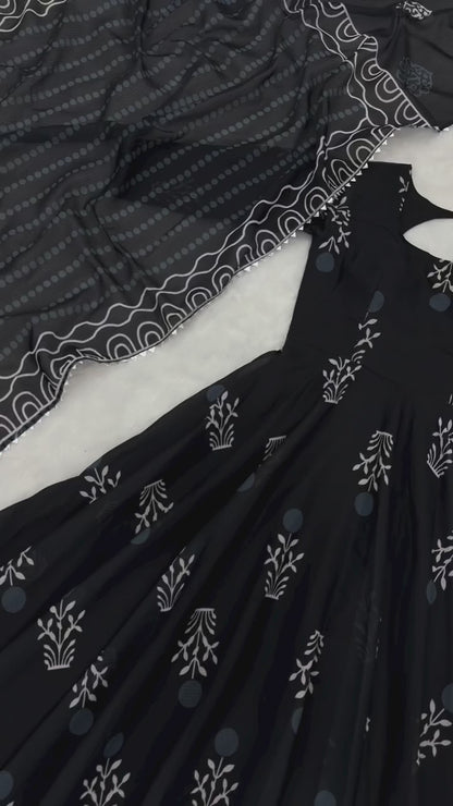 Sanganeri Print Black Anarkali Cotton Kurta Set