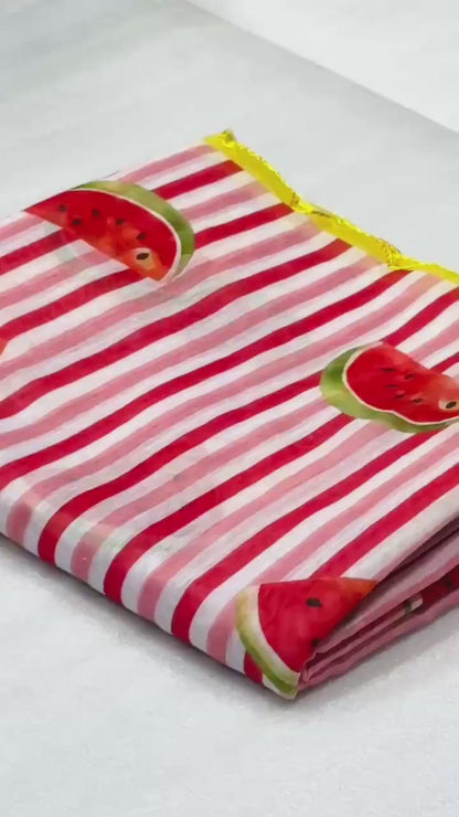 Watermelon Printed Chanderi Cotton Saree