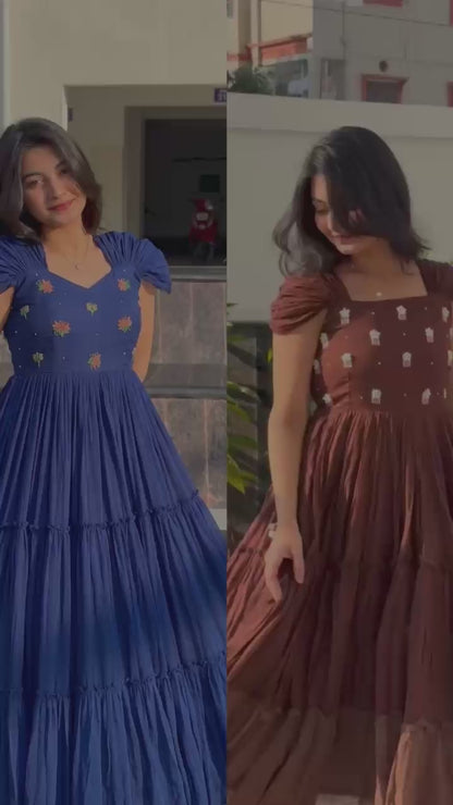 Elegant Flaired Mul Cotton Dress With Maggam Work