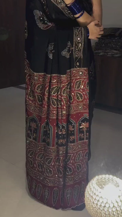 Ajrakh Mirror Work Satin Silk Saree