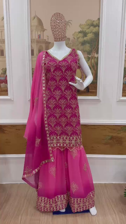 Stylish Pink Embroidered Kurti Palazzo Set