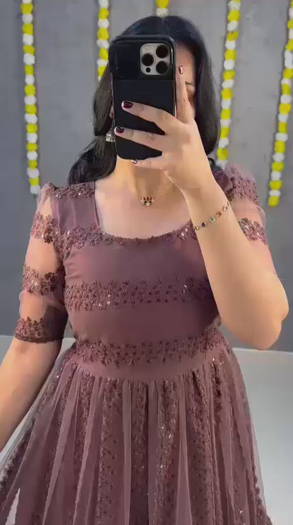 Party Wear Net And Sequence Embroidery Dress (Plus Size Available)