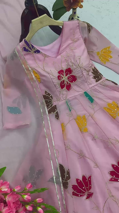Designer Floral Pink Gown Sharara Set