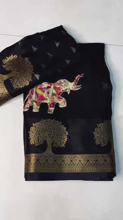 Premium Tussar Silk Floral Elephant Saree