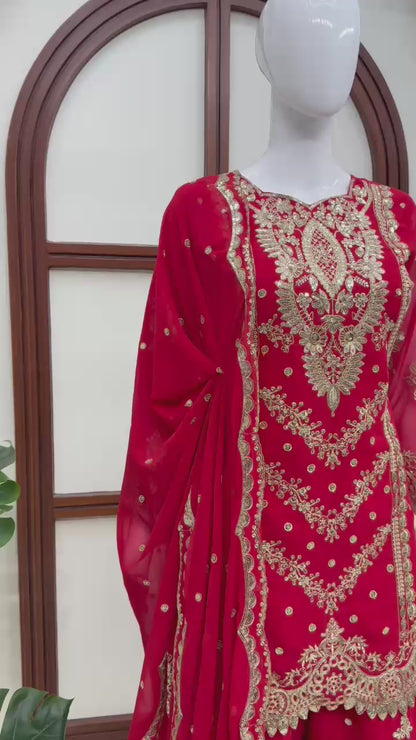 Stunning Exclusive Bridal Red 3-Piece Sharara Set