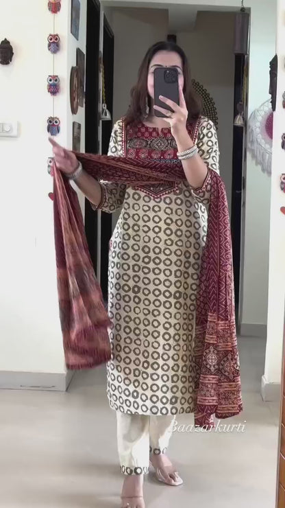 Elegant Ajrakh Muslin Kurta Set With Handwork Detailing